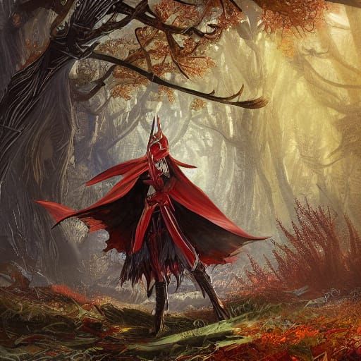 Slender White Haired Girl in Autumn Leaves Attire