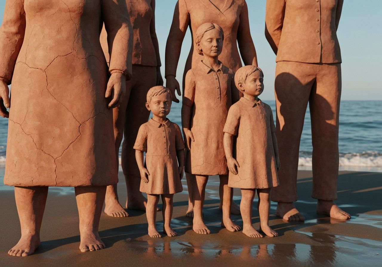 Terra Cotta Figures by the Sea in Warm Sunlight