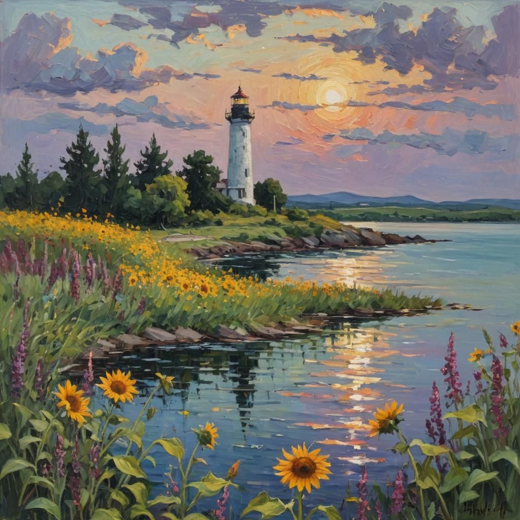Lighthouse and Sunflowers Impressionist Landscape Painting