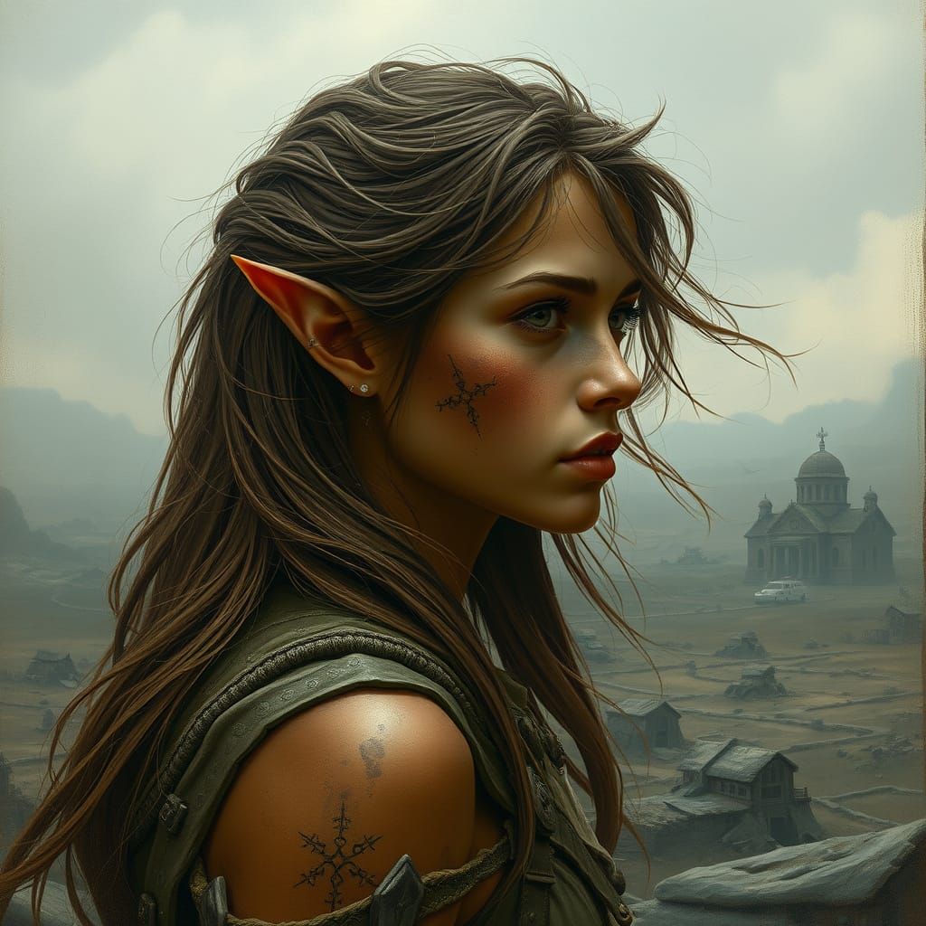 Desolate Wood Elf in War-Torn Landscape