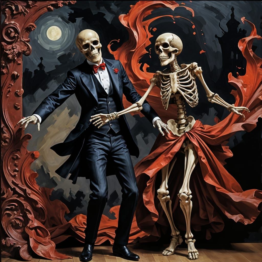 Dancing Skeletons under a Red Moon in Impasto Style