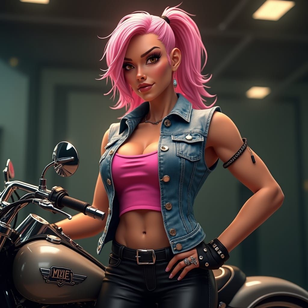 Surreal Biker Goddess in Neon Hues