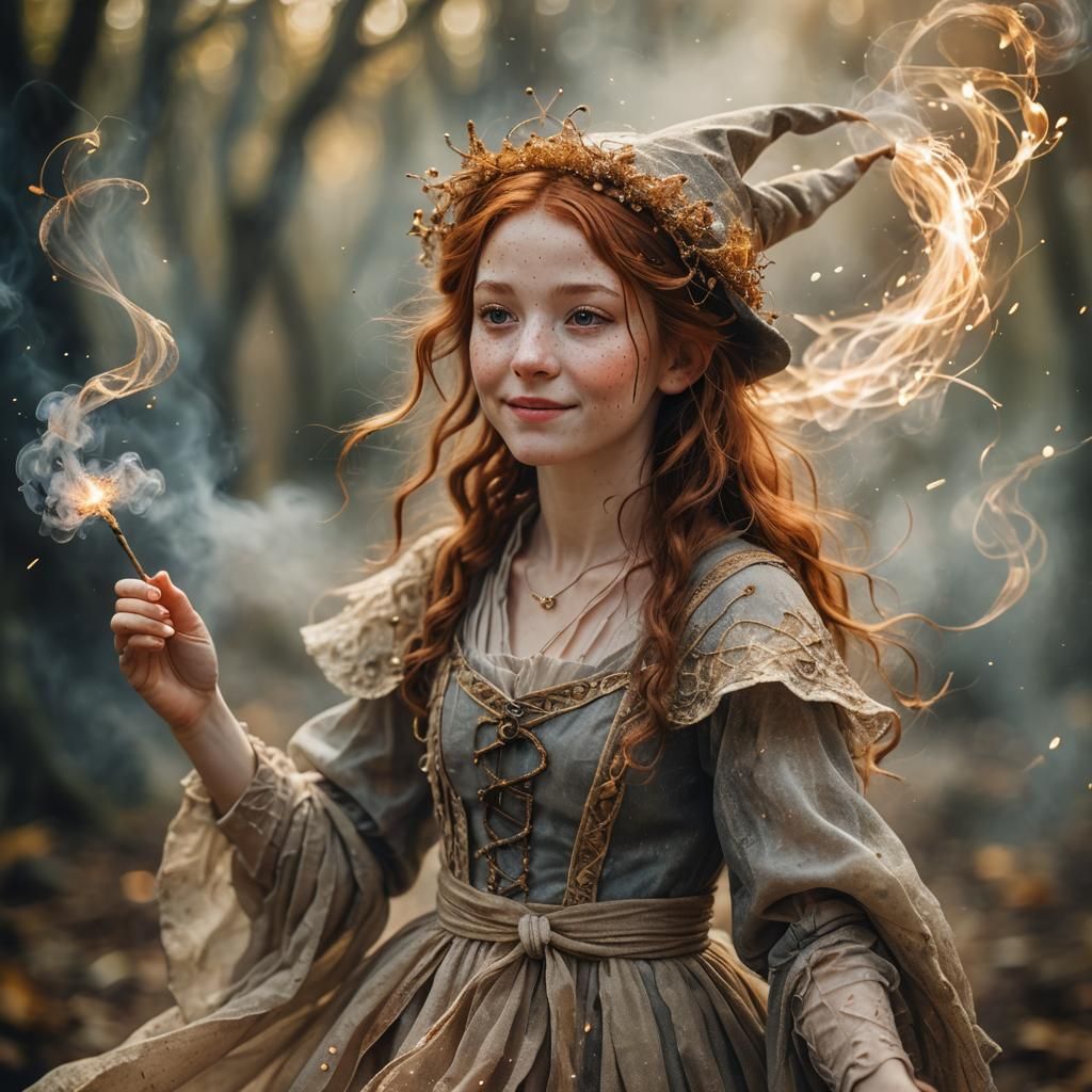 Whimsical Portrait of a Tiny Witch in Dreamy Style