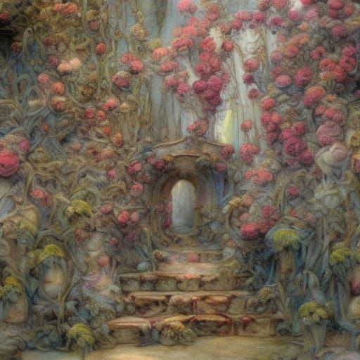 Rose-Covered Ruins in Ethereal Mist