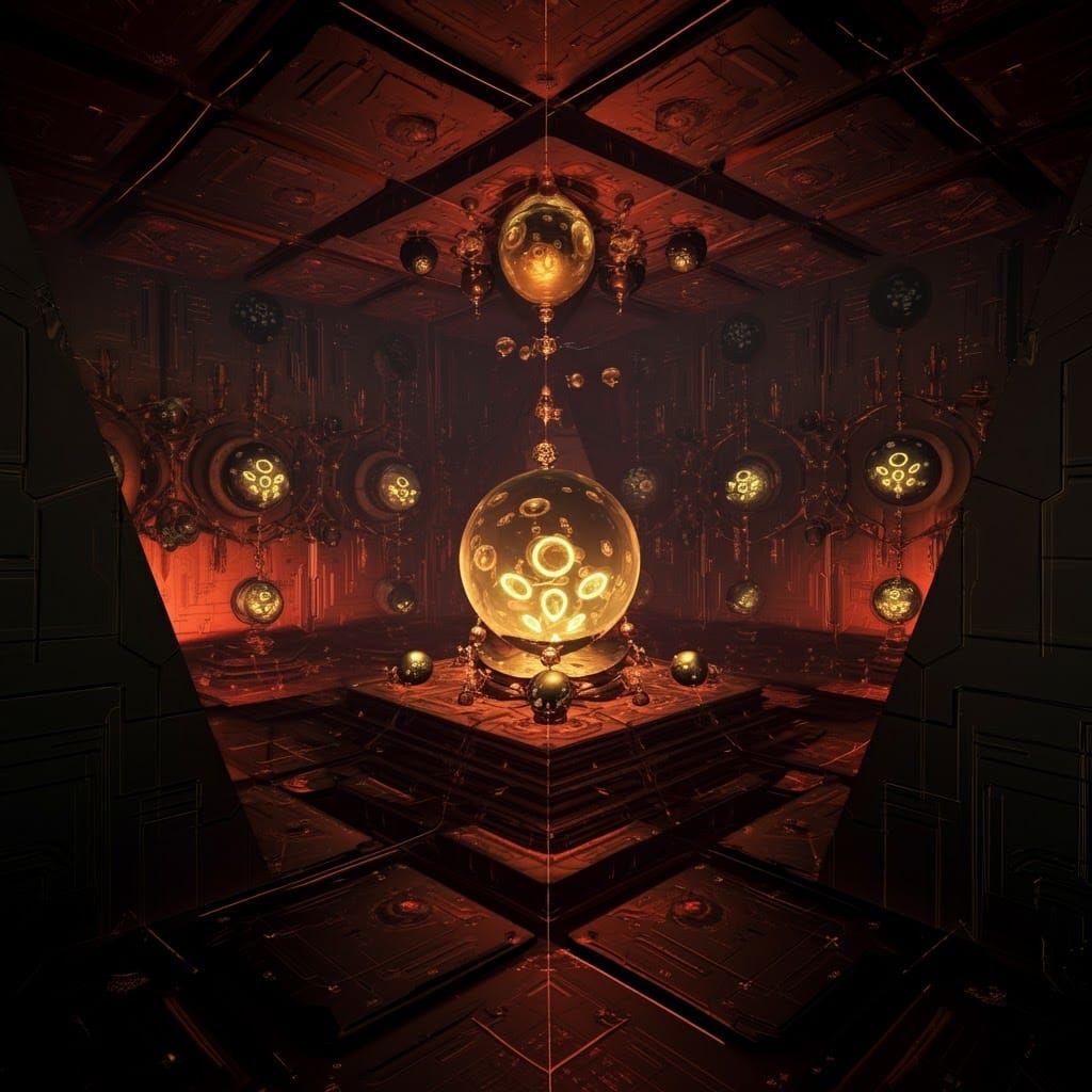 Alien Pyramid Interior with Floating Orbs, Photorealistic