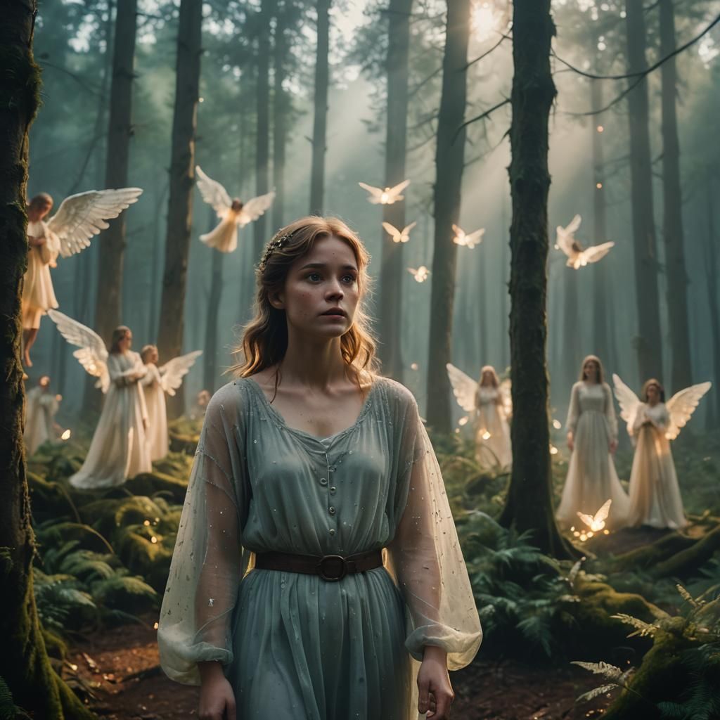 Ethereal Emma Surrounded by Angels in Misty Forest