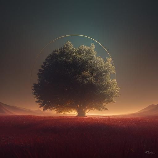 Abstract tree with light ring in a dark mystical scape, grad...
