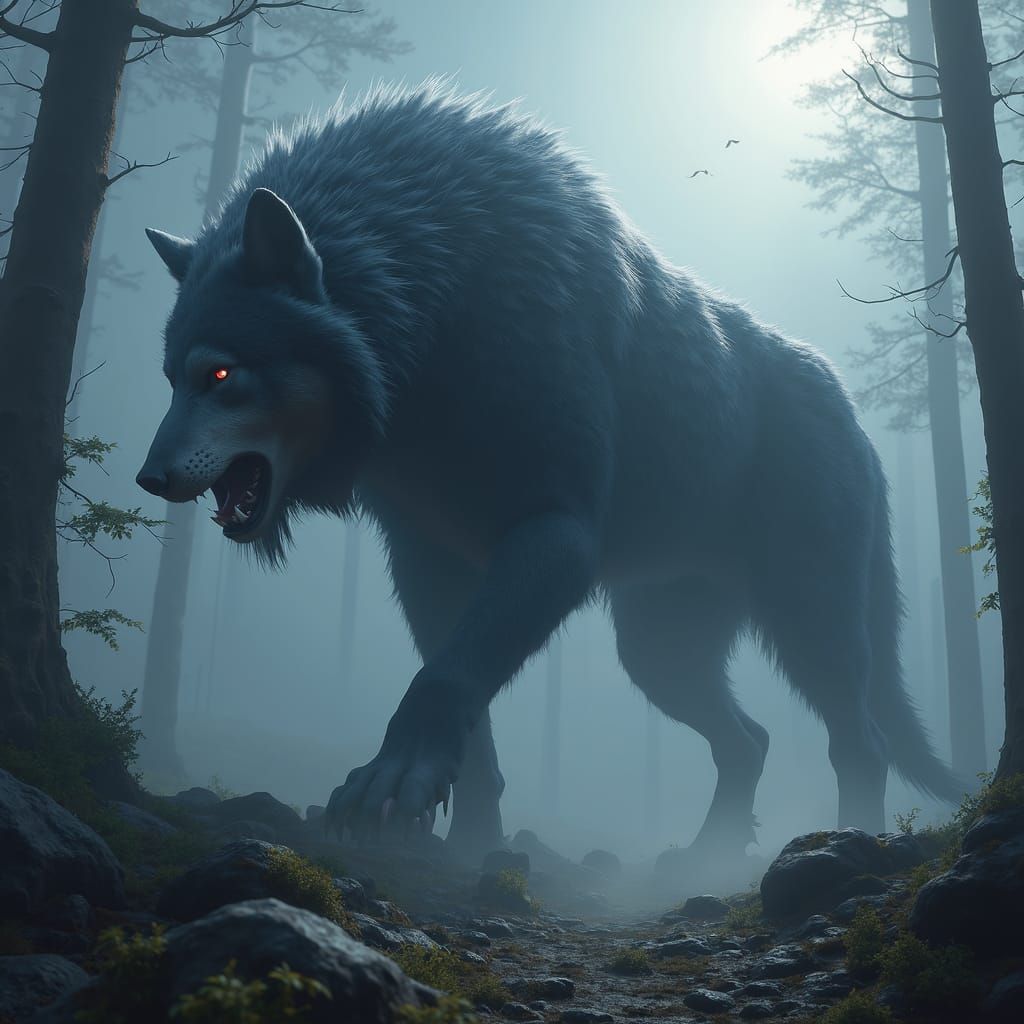 Majestic Wolf-Titan Hybrid in Fantasy Landscape