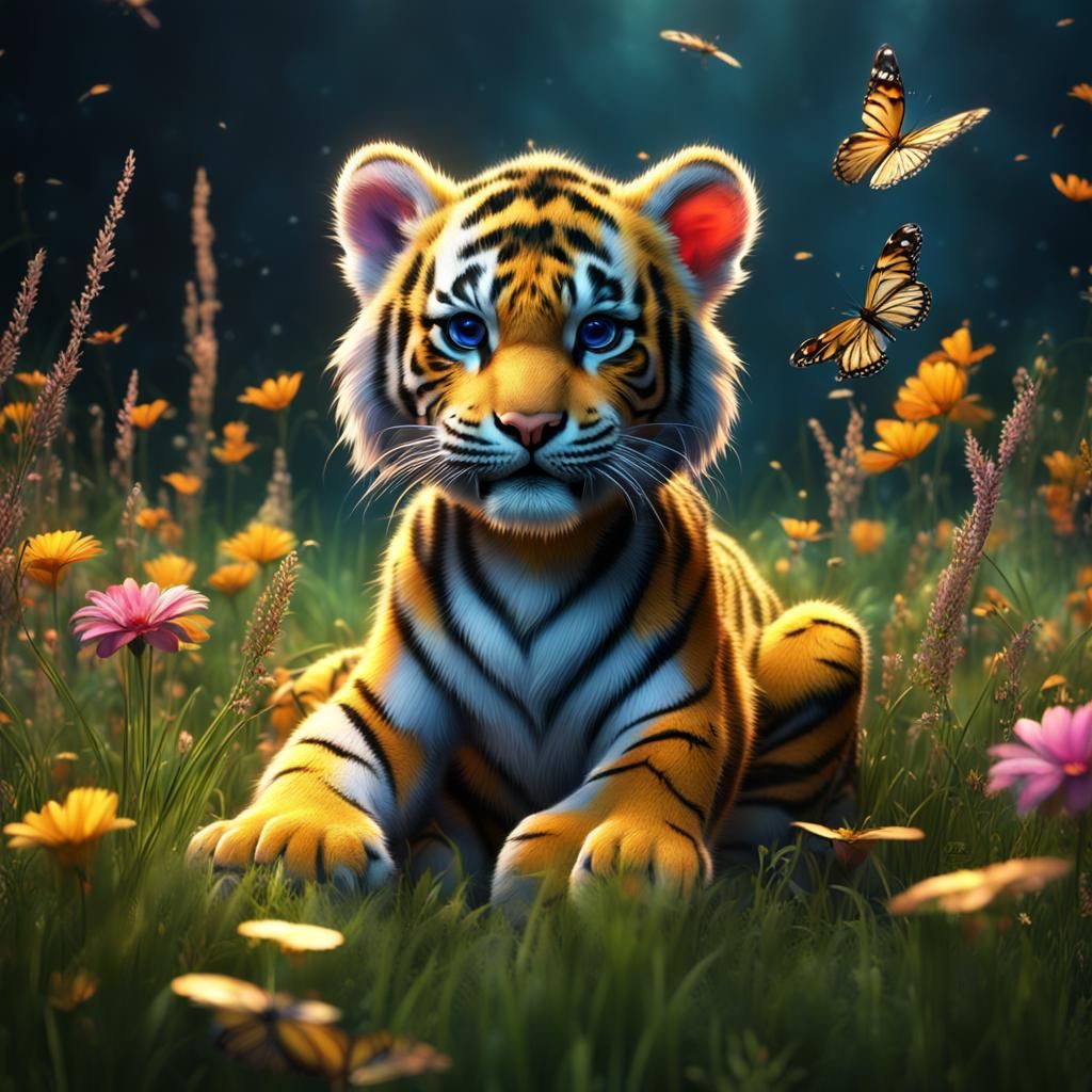 Baby Tiger with Butterflies, Detailed Fantasy Art