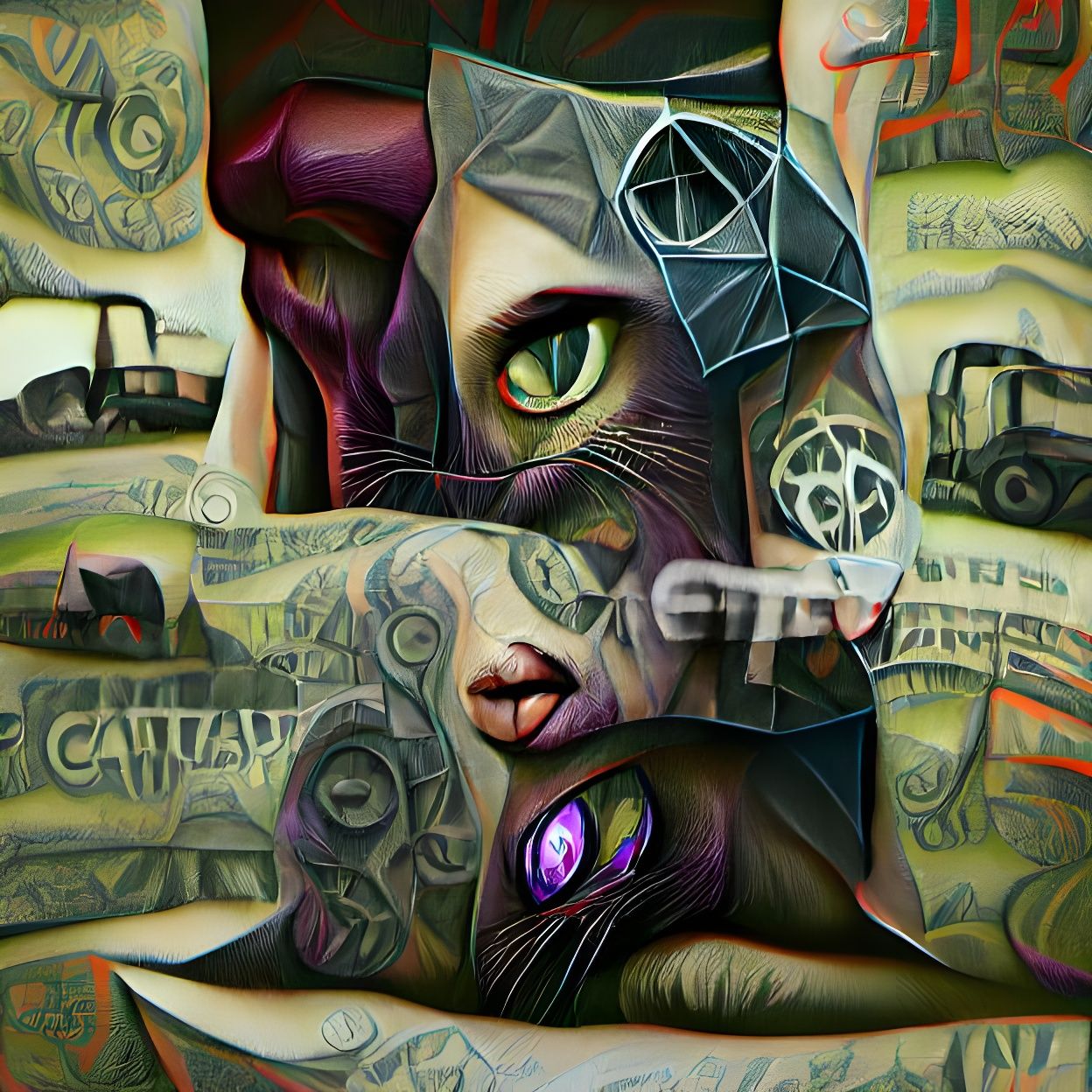 Cat Tattoos with Ghost Skull in Cubist Style