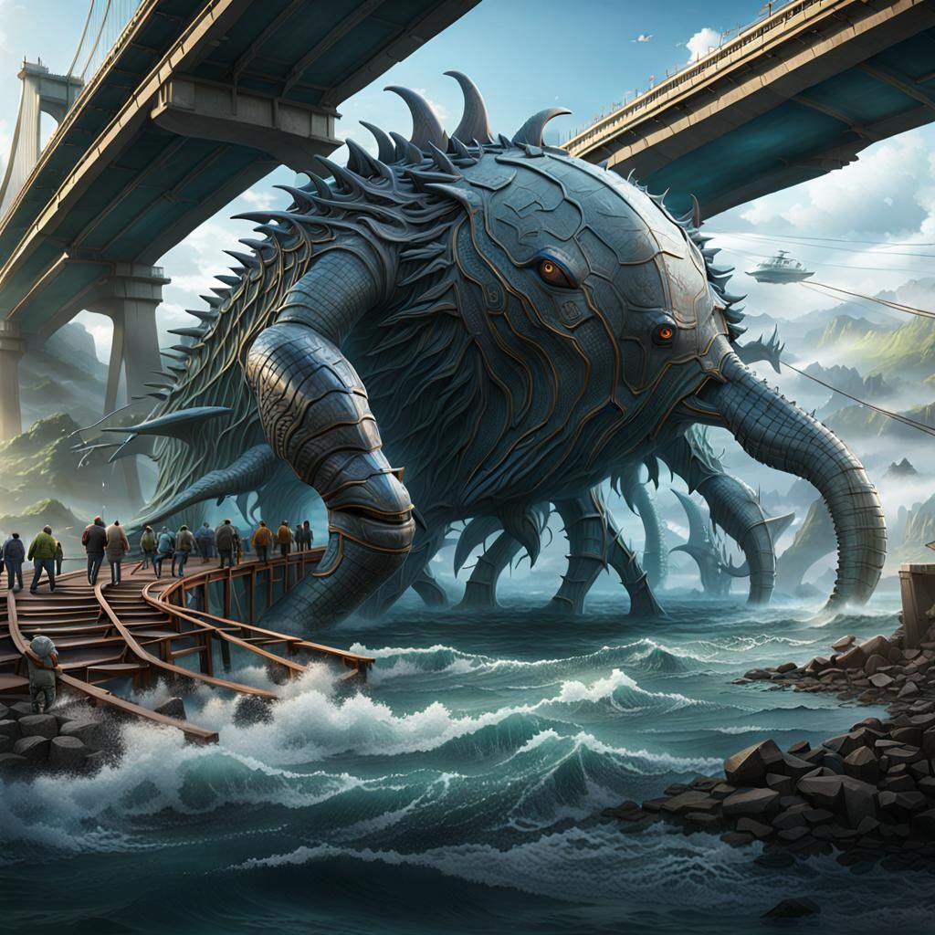 Giant Sea Creatures Repairing Bridge, Volumetric Lighting