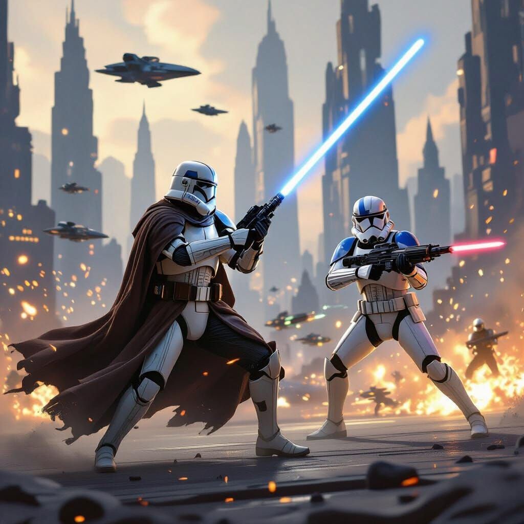 Star Wars Jedi and Clone Trooper in Battle of Coruscant