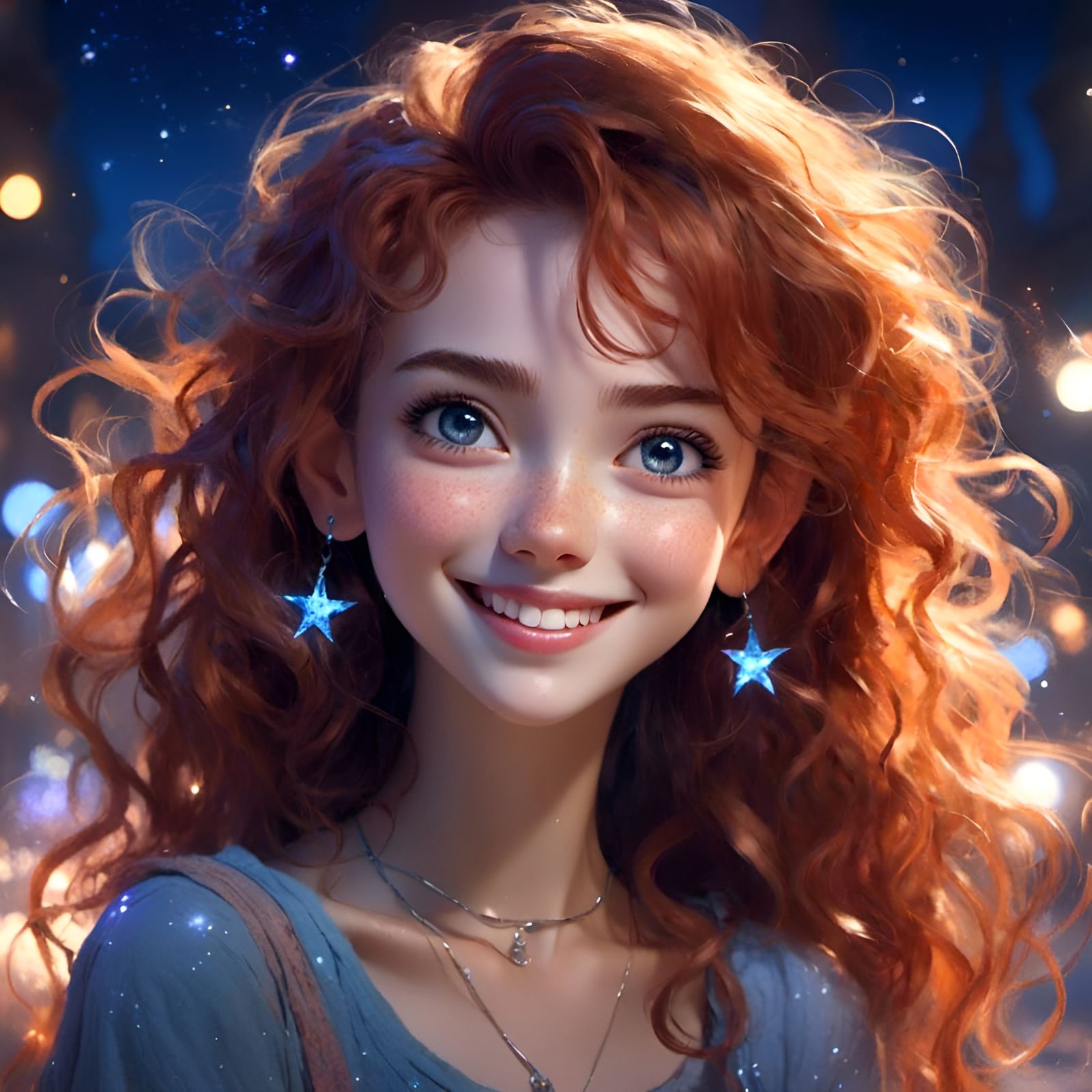 Happy Anime Woman Bathed in Mystical Starlight