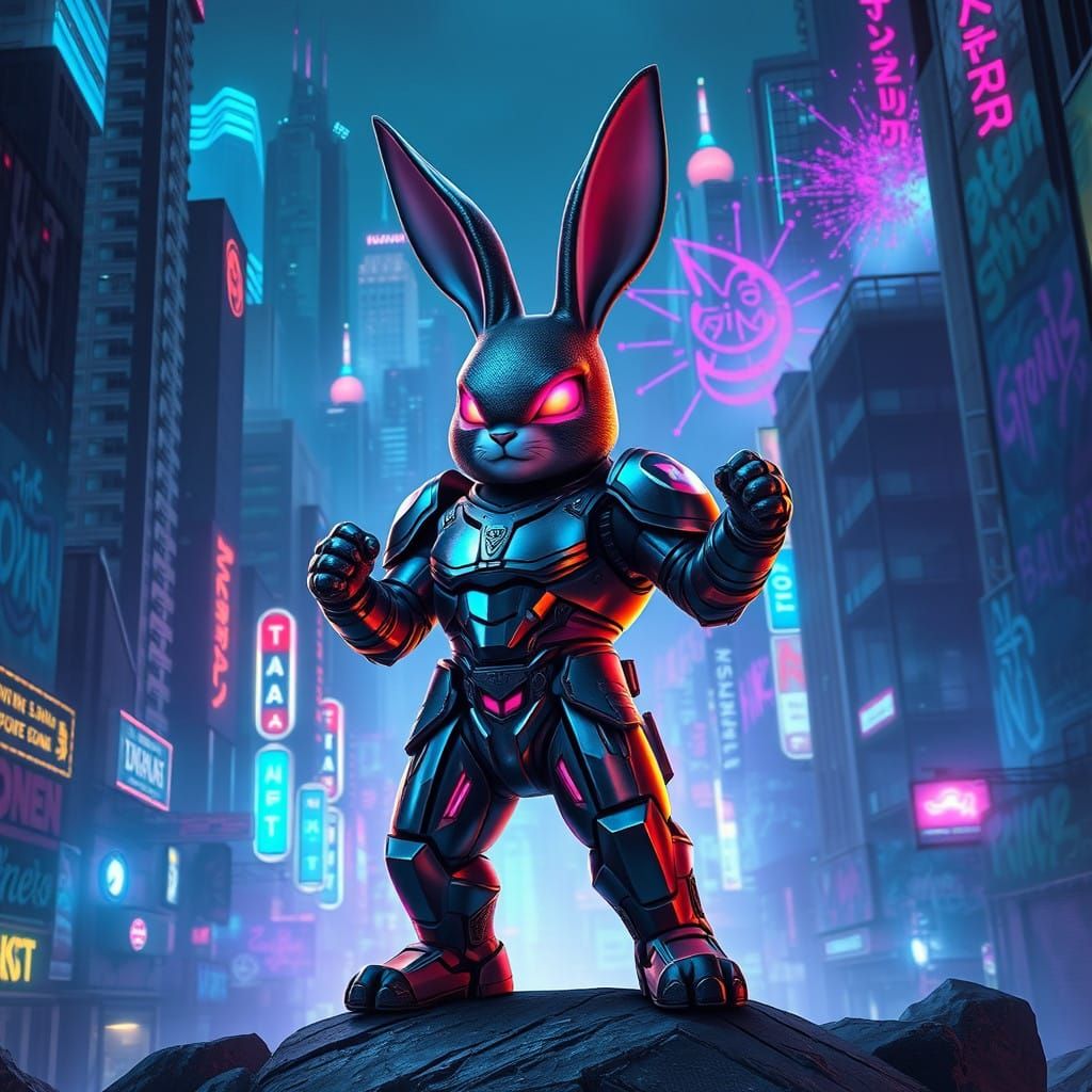 Cyberpunk Warrior Bunny in Neon Metropolis