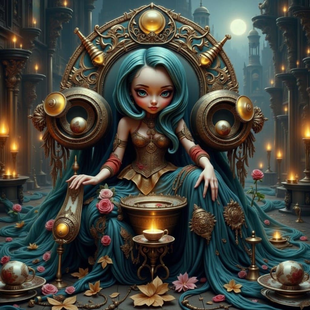 Cartoon Vintage Pinup Girl with Teacup in Dark Blue Fantasy ...