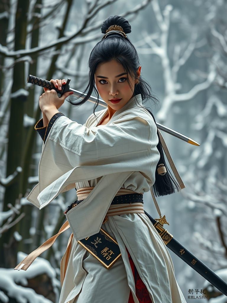 Japanese Warrior Woman with Sword in Hyperrealistic Style