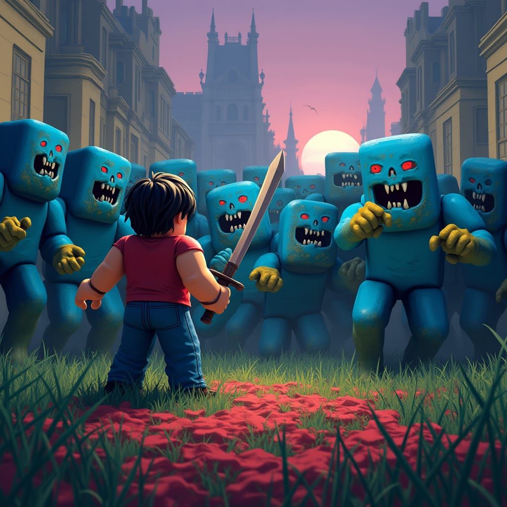 Roblox Player Standoff with Zombie Horde in Digital Art Styl...
