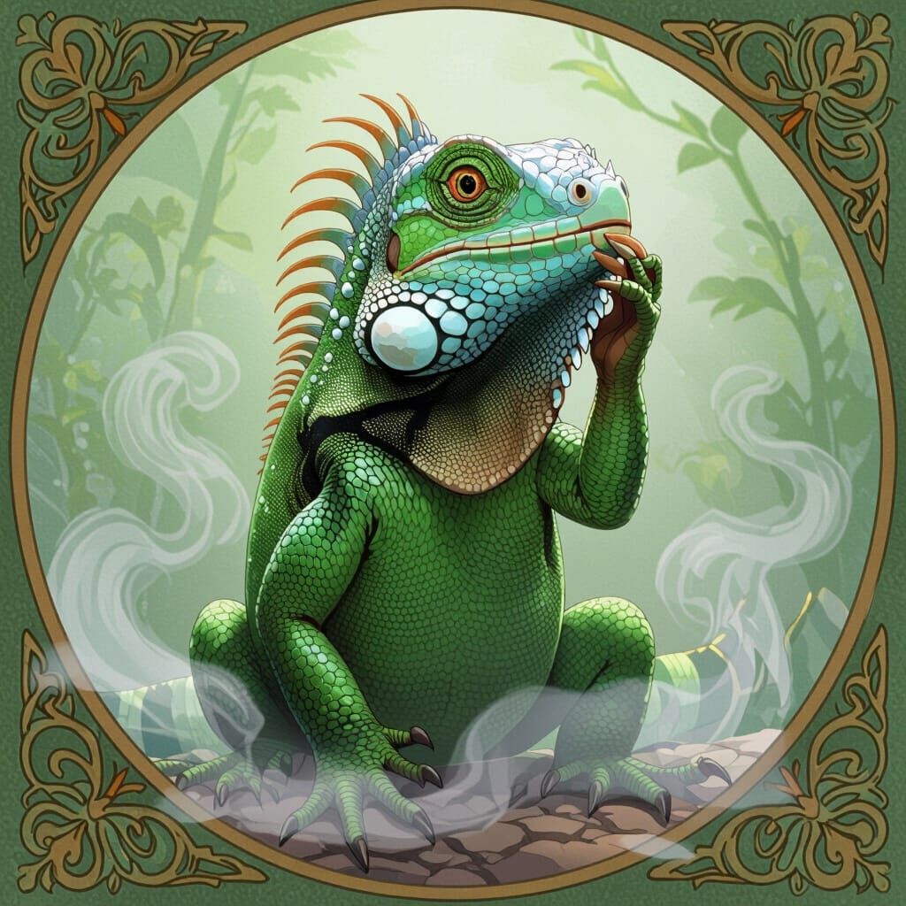 Playful Iguana Posing in Art Nouveau Style