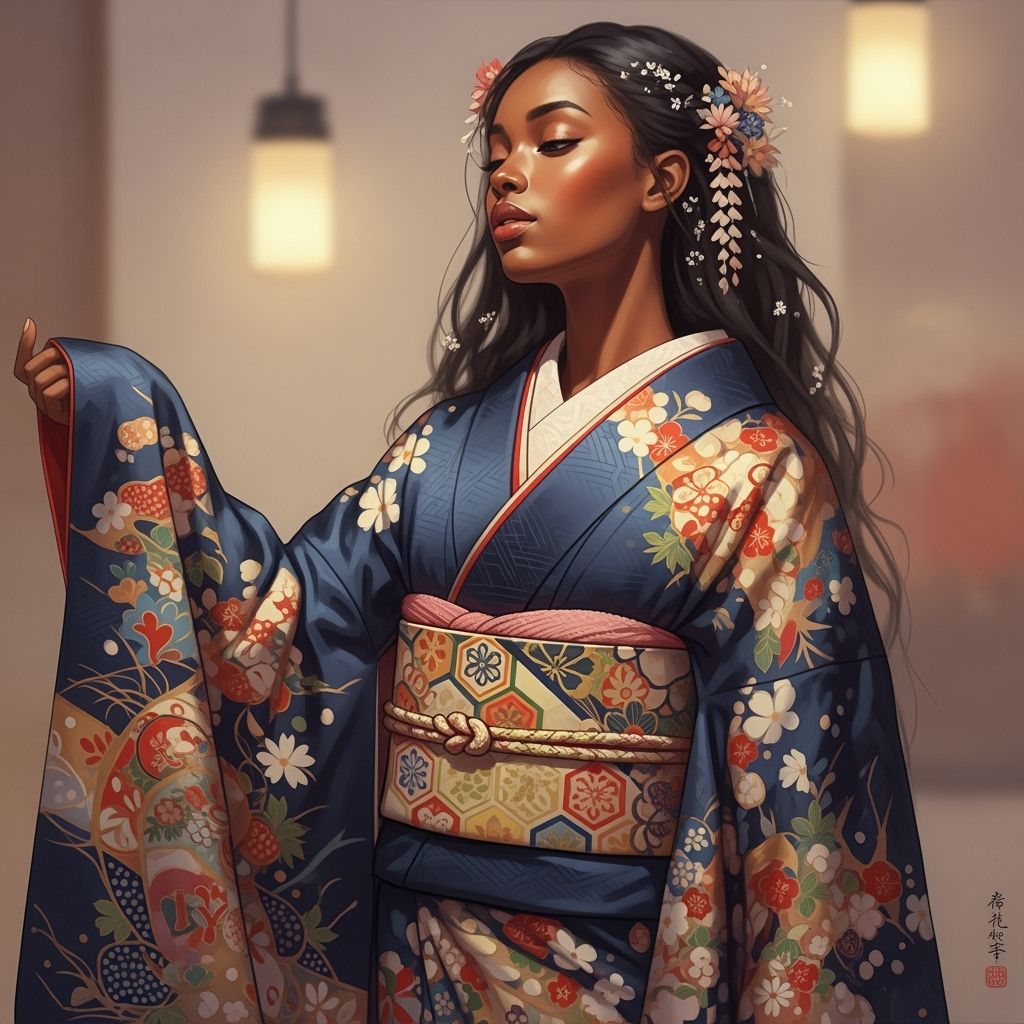 African Woman in Elegant Japanese Kimono, Painterly Style
