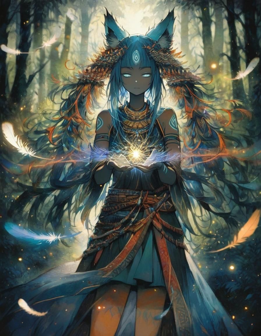 Anime Fox Girl Casting Magic in Mystical Forest