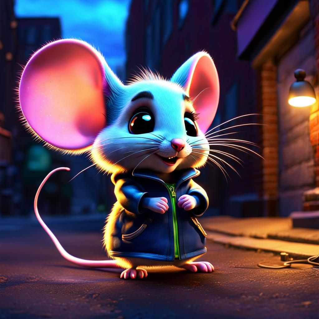 Streetpunk Mouse Graffiti in Neon City: Pixar Render