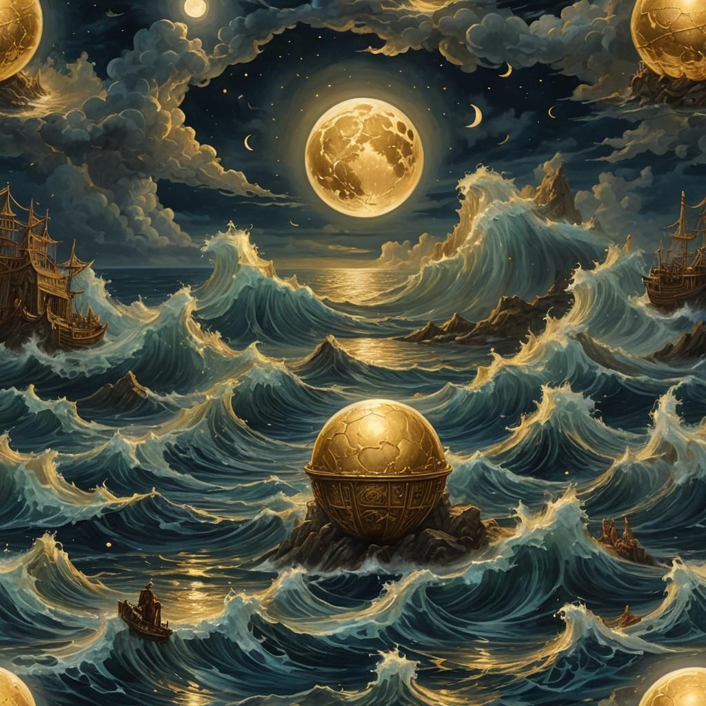 Golden Orb Illuminates Sea at Night: Renaissance Style