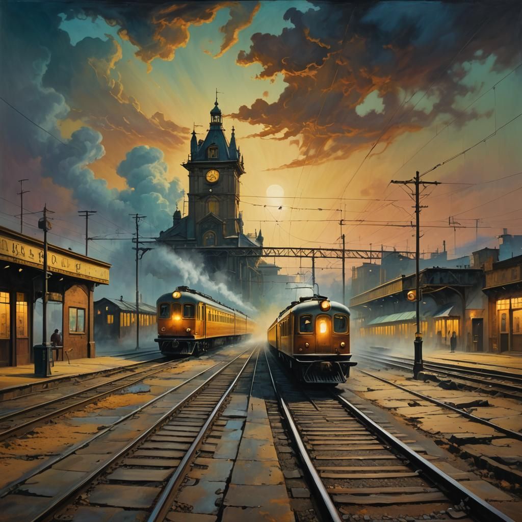 Surreal Train Station in a Dreamlike Oil Painting