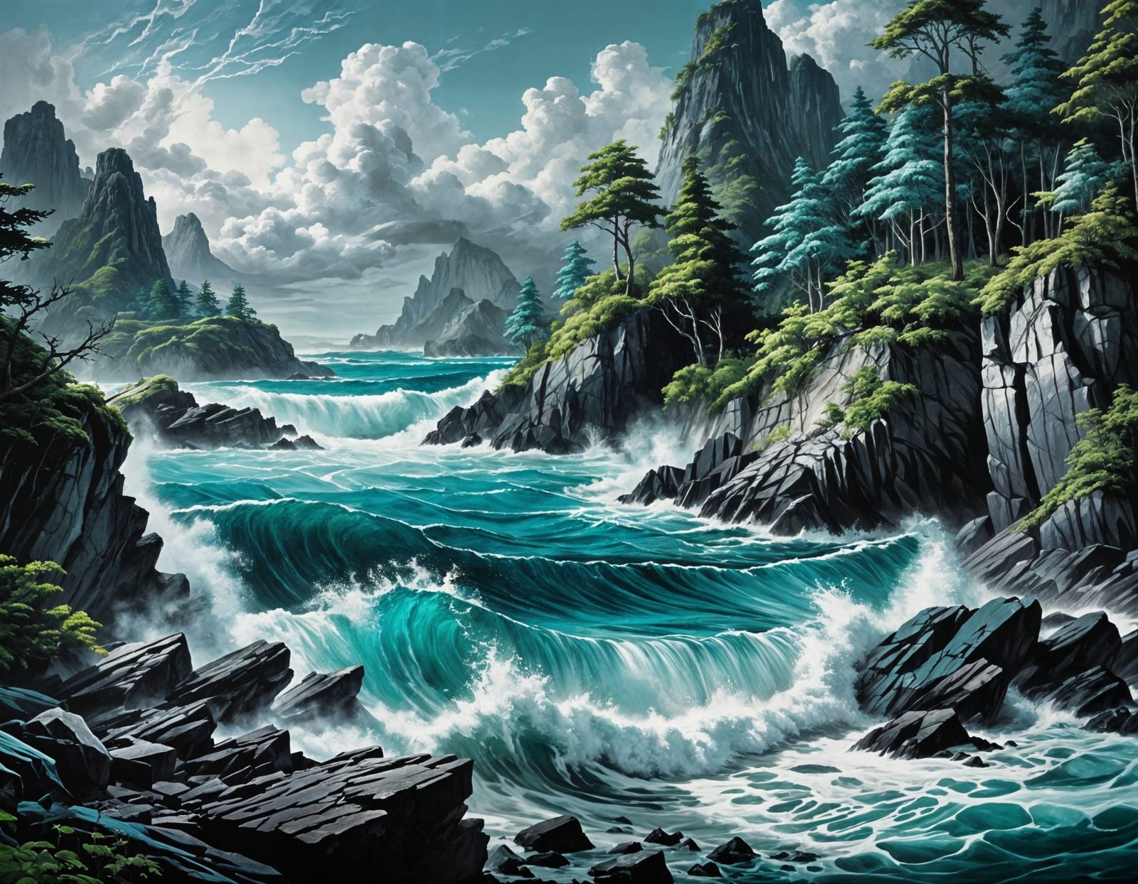 Ocean Storms Crash Near Emerald Lake: Oil Painting