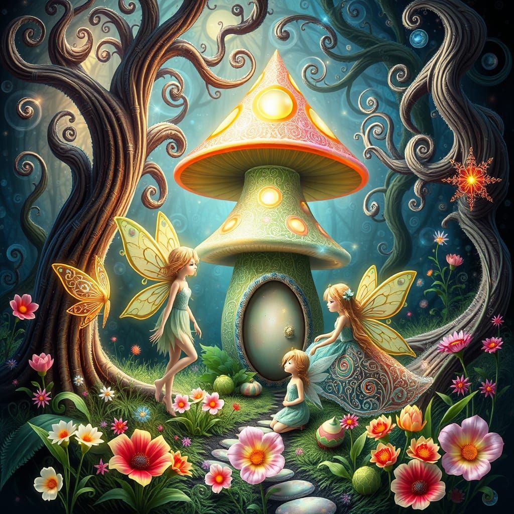 Whimsical Fairy Family in Enchanted Forest, Abstract Vector ...
