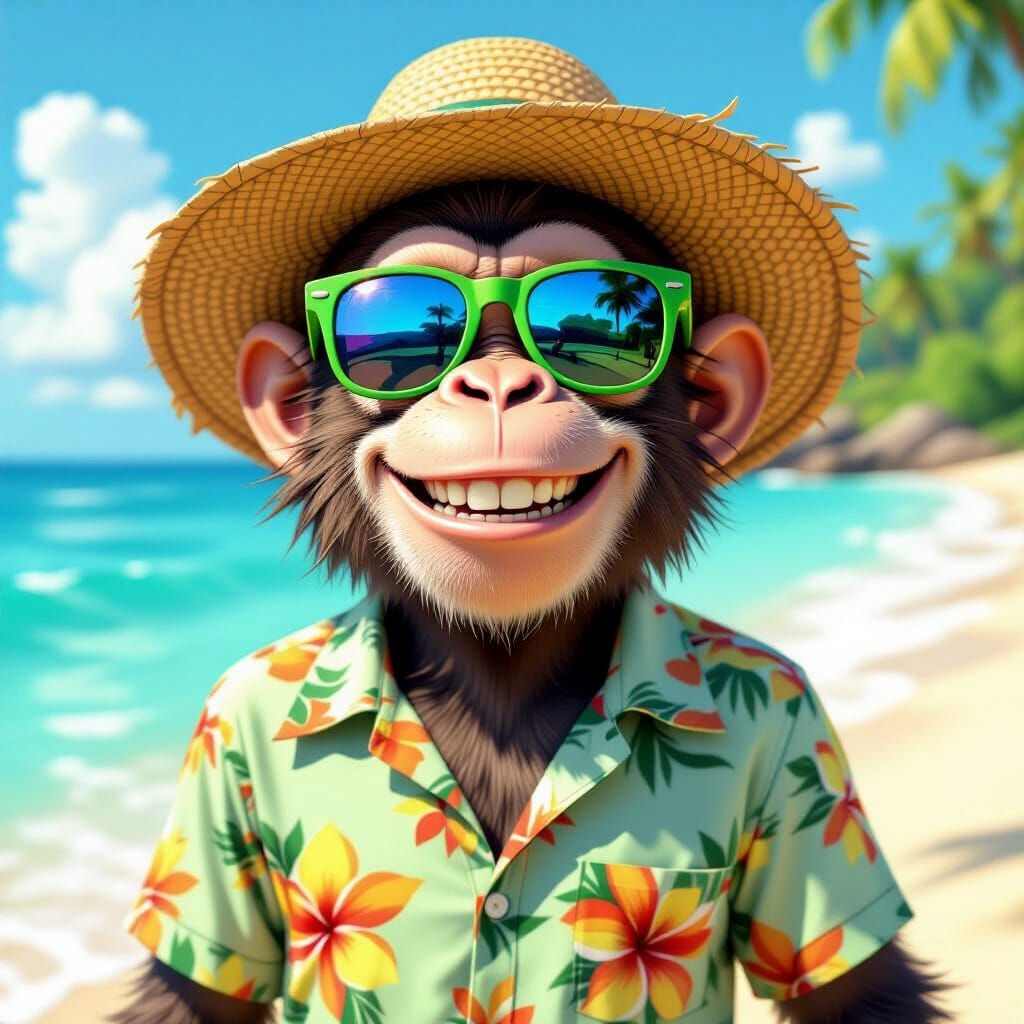 Monkey on Beach in Hyper-Realistic Cartoon Style