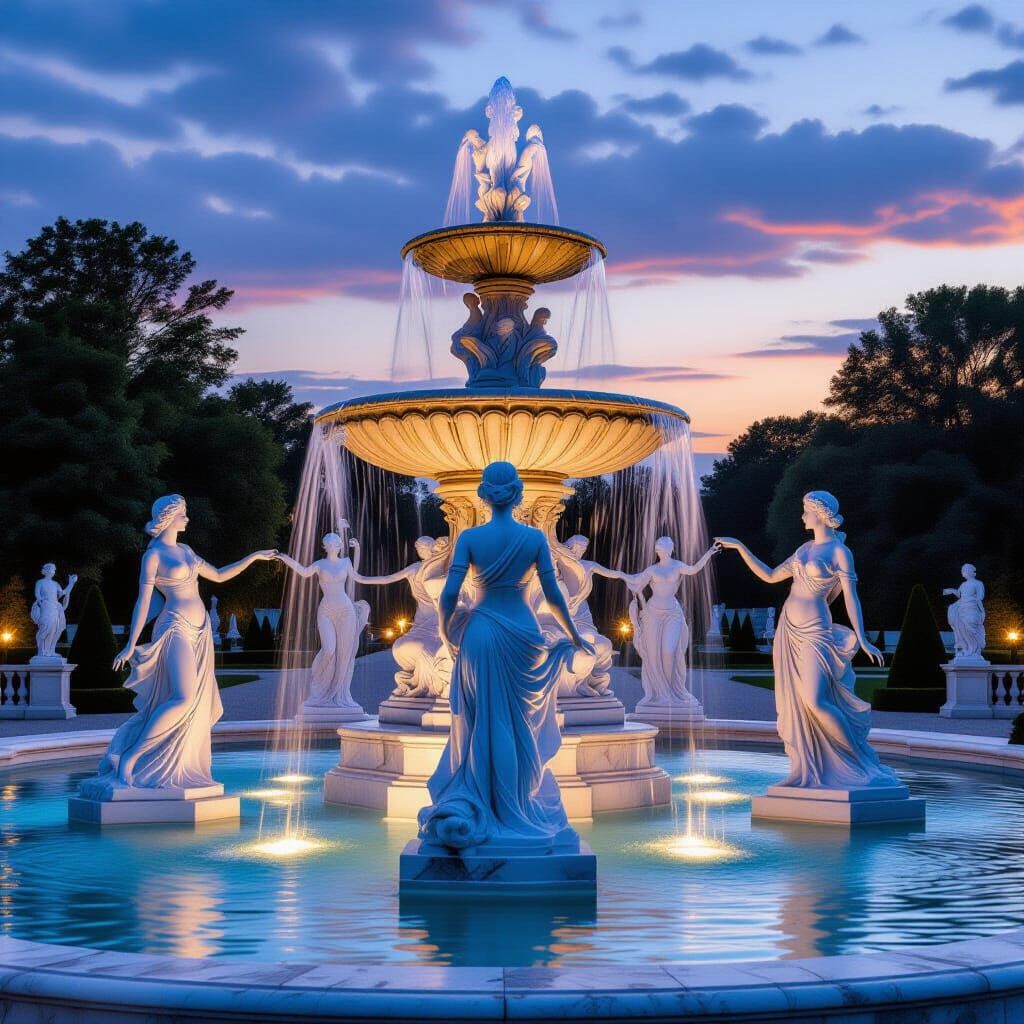 Majestic Marble Fountain with Slender Figures at Twilight