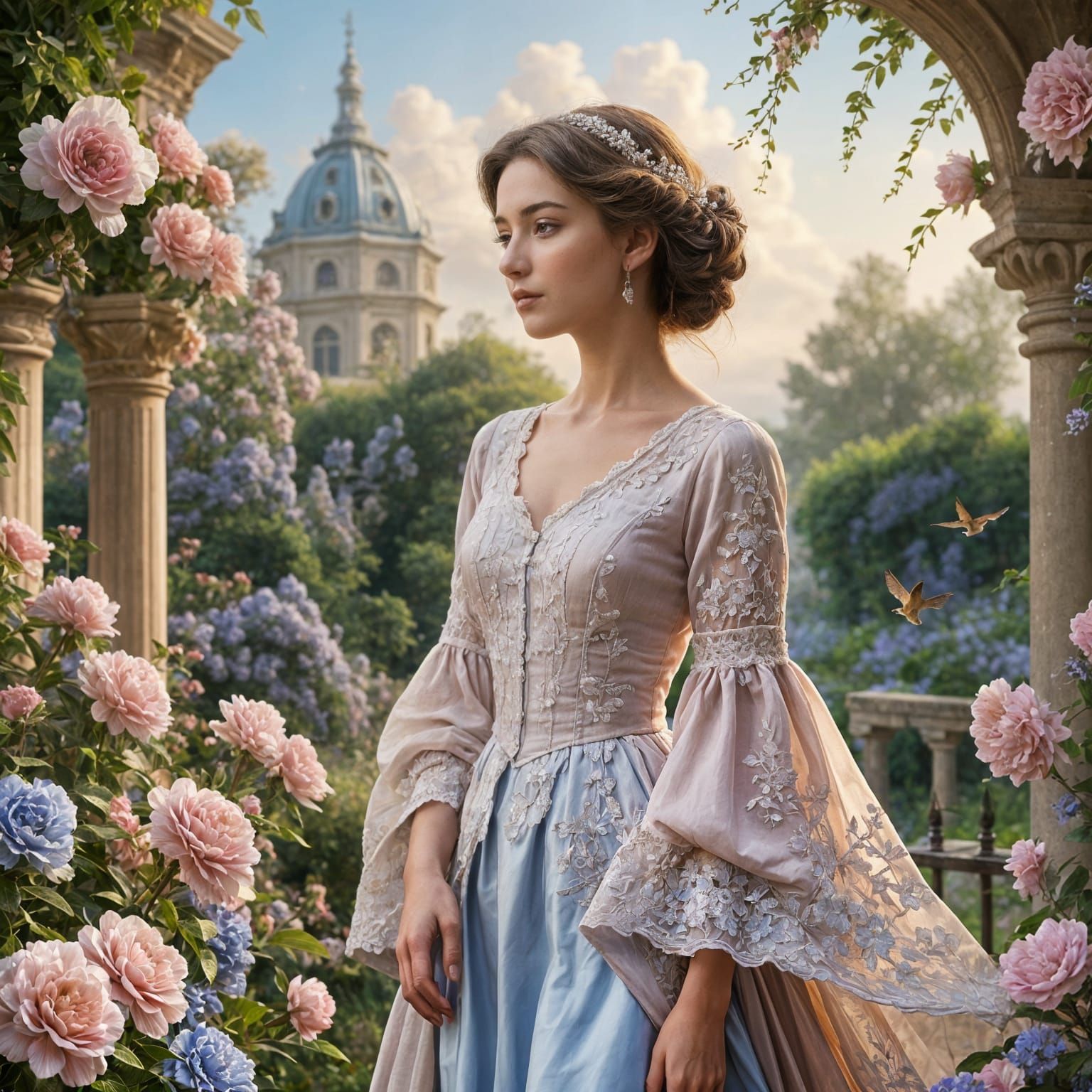 Baroque Serenity with Blooming Flowers and Birds in Flight