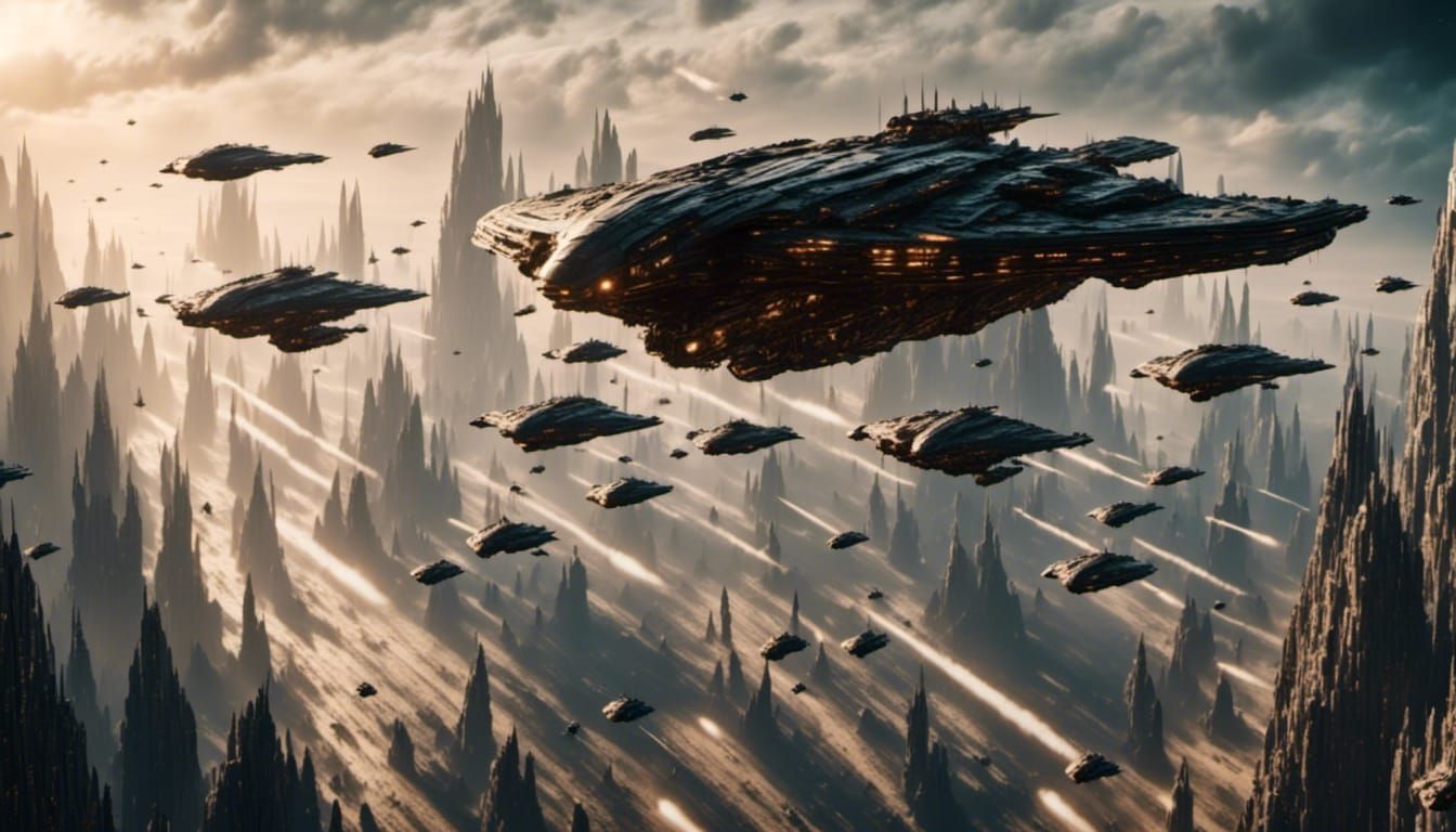 Sci-Fi Space Fighters Dive Toward Planet