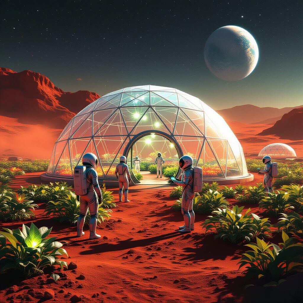 Bioluminescent Martian Greenhouse with Humans Tending Crops