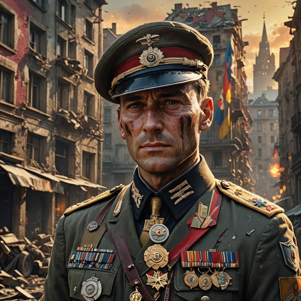 WWII German Officer in War-Torn Cityscape