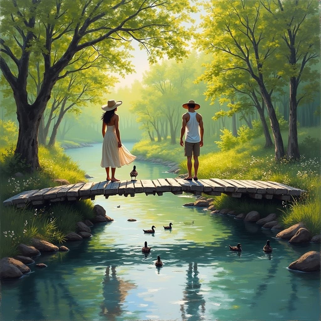 Serene Summer Scene with River Bridge and Gentle Reflections