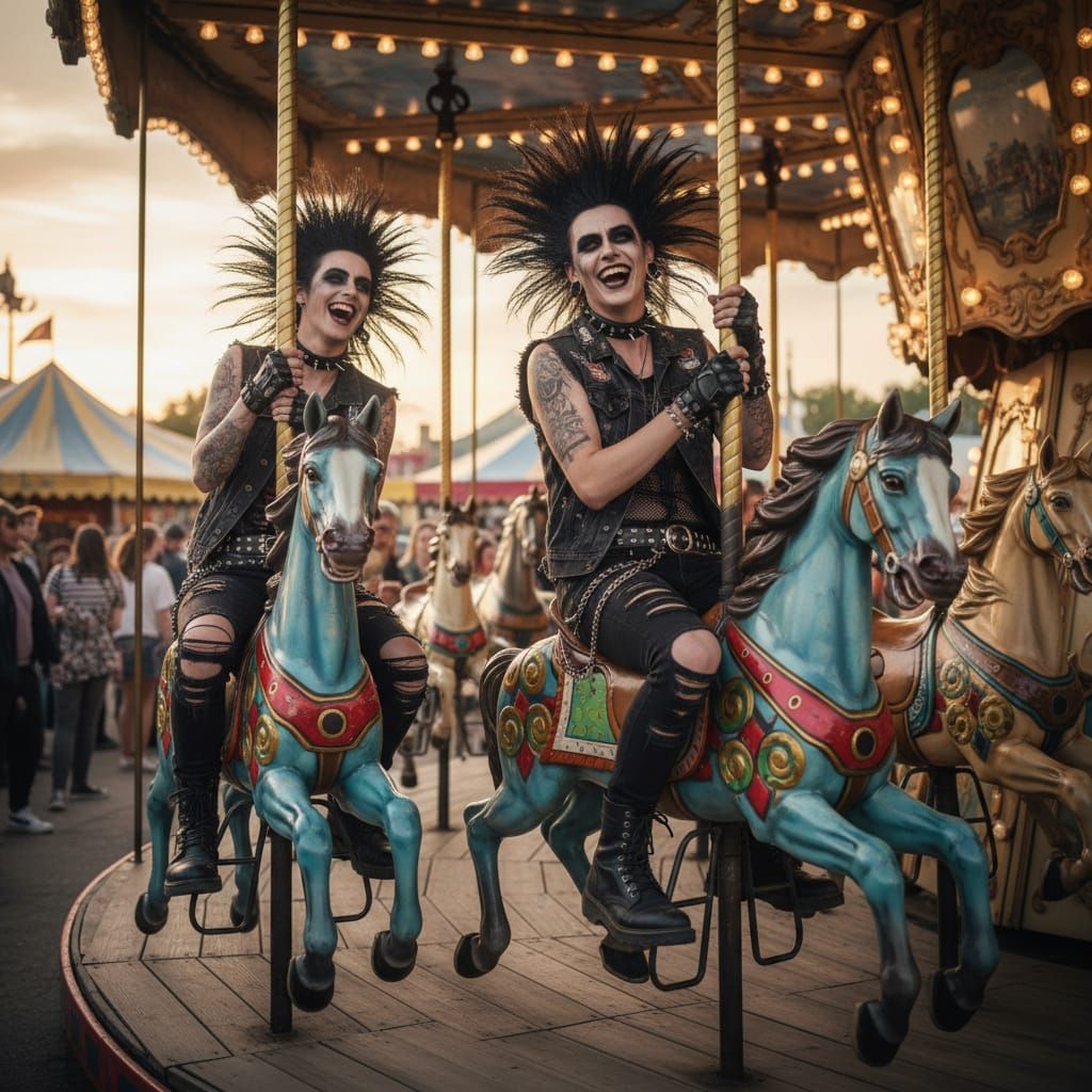 Vintage Carousel Horses With Goths Riding