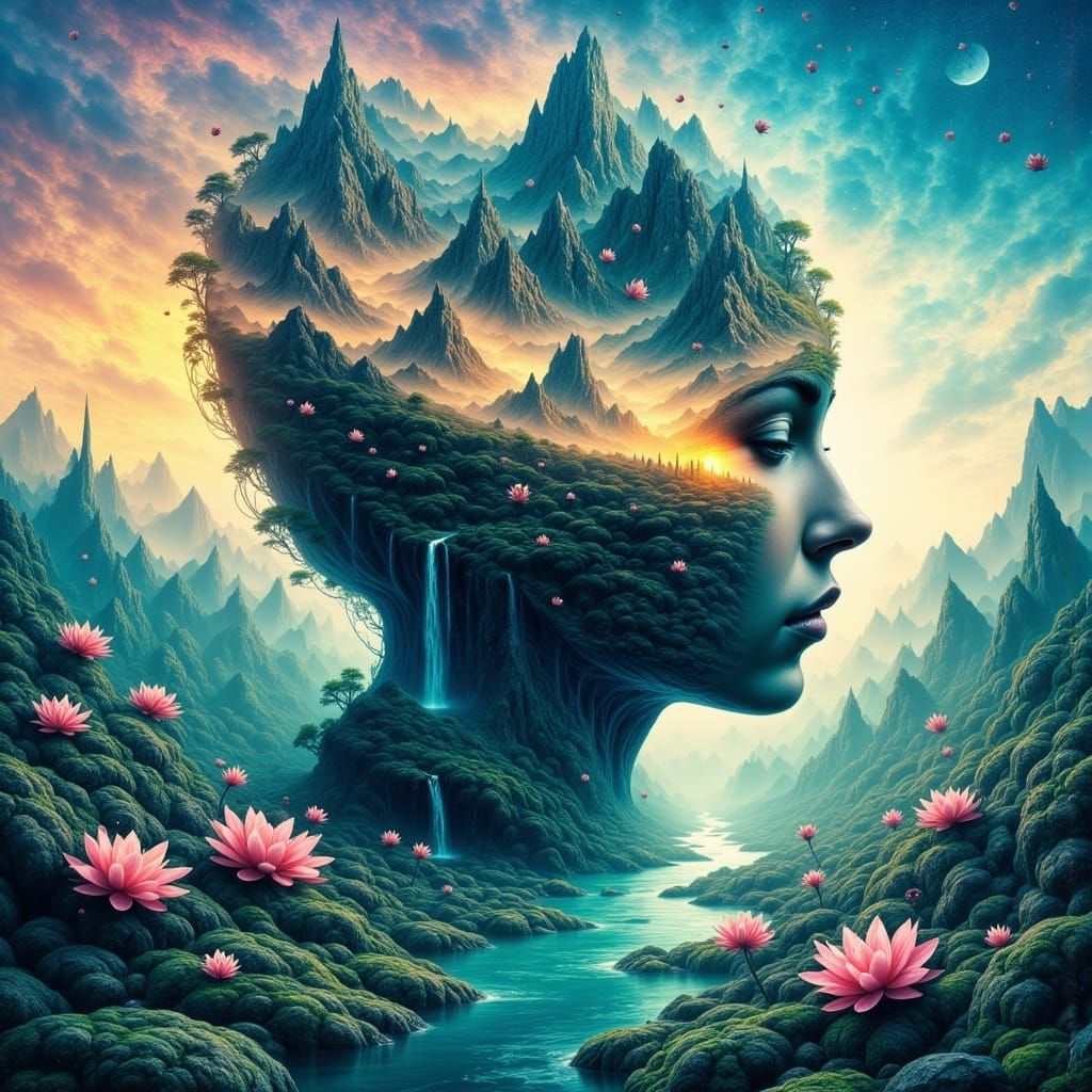 Ethereal Dreamscape with Mountains and Rivers Emerging from ...