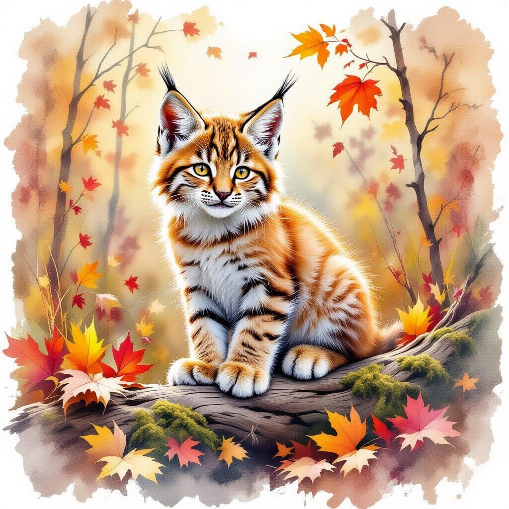 Eurasian Lynx Kitten on Mossy Log in Autumn