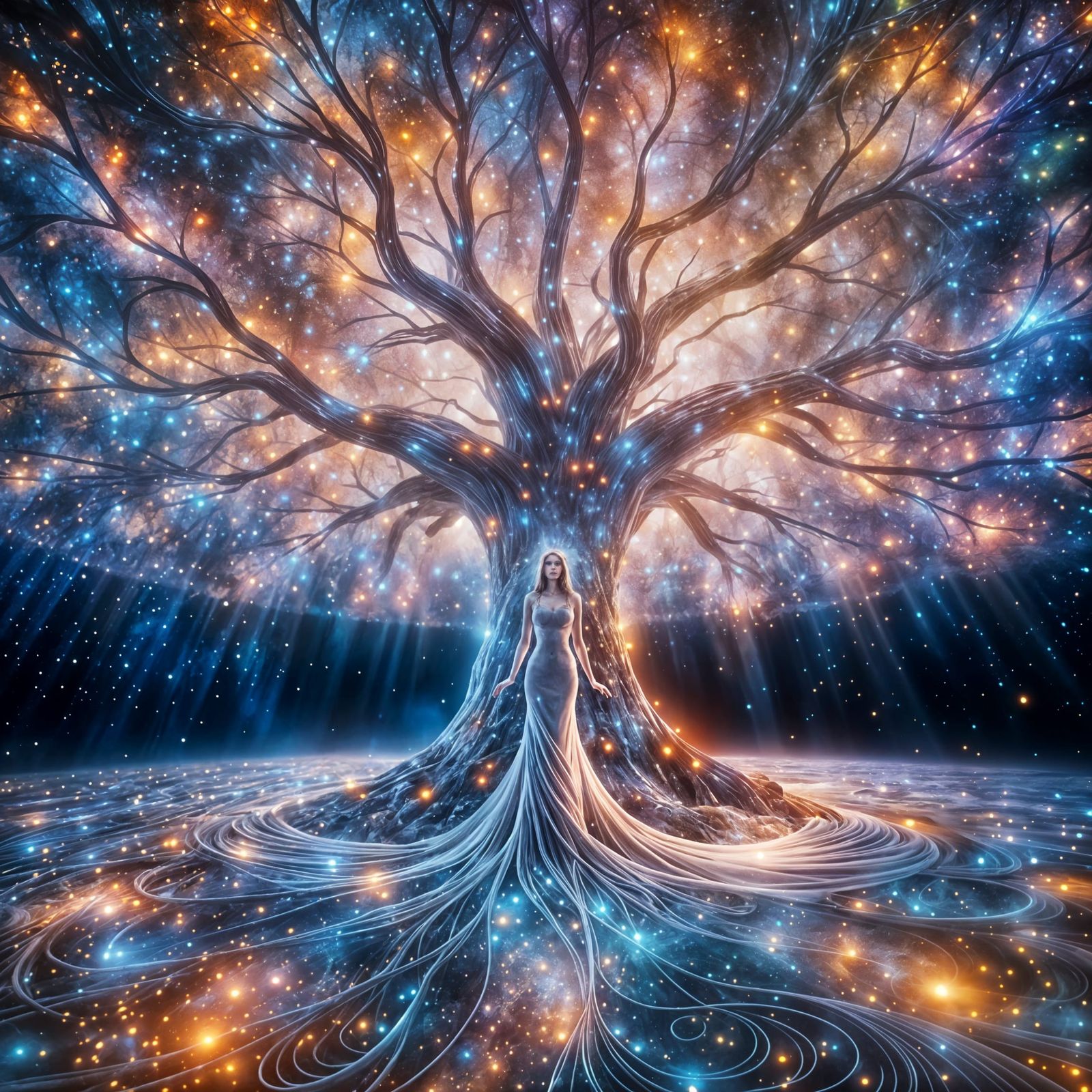 Ethereal Goddess in Cosmic Harmony with the Tree of Life