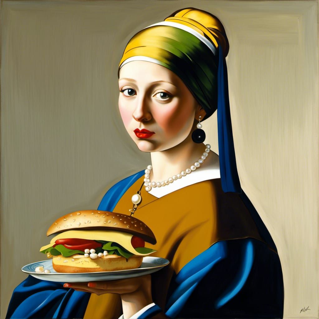 Girl with Pearl Earring Eating Sandwich, Vermeer Style