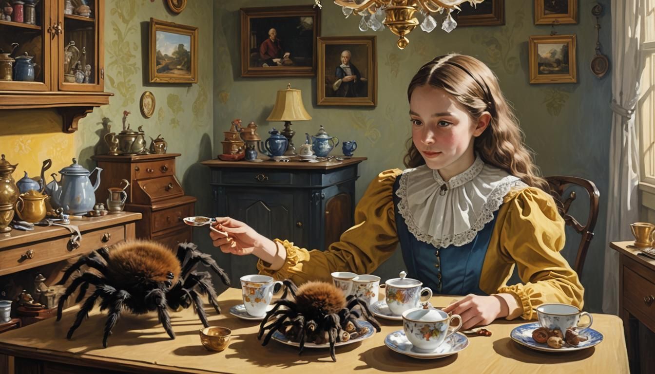 Girl Serves Tea to Giant Spider, Victorian Nursery