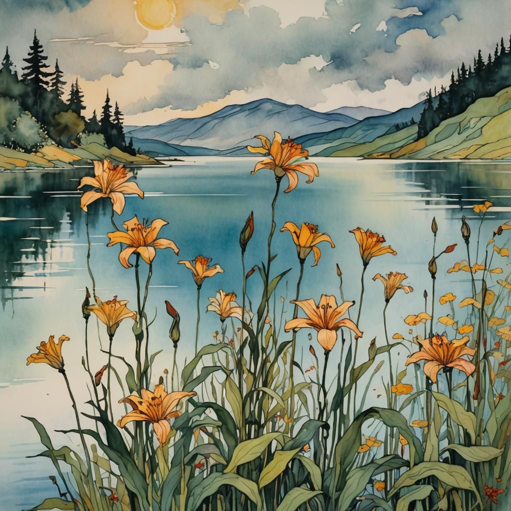 Flowers, lilies on a long stems swaying on the wind by the side of the lake in the expressive stile of Egon Schiele, dyn...