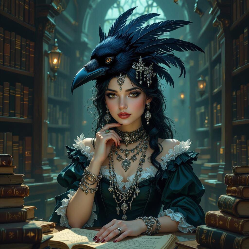 Dark Fantasy Crow Woman in Ancient Library