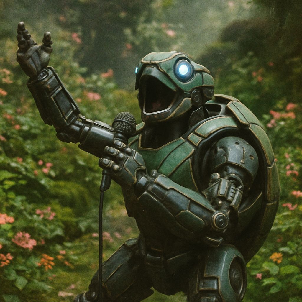 Cybernetic Turtle Mascot in Ghibli Garden, Retro Photography