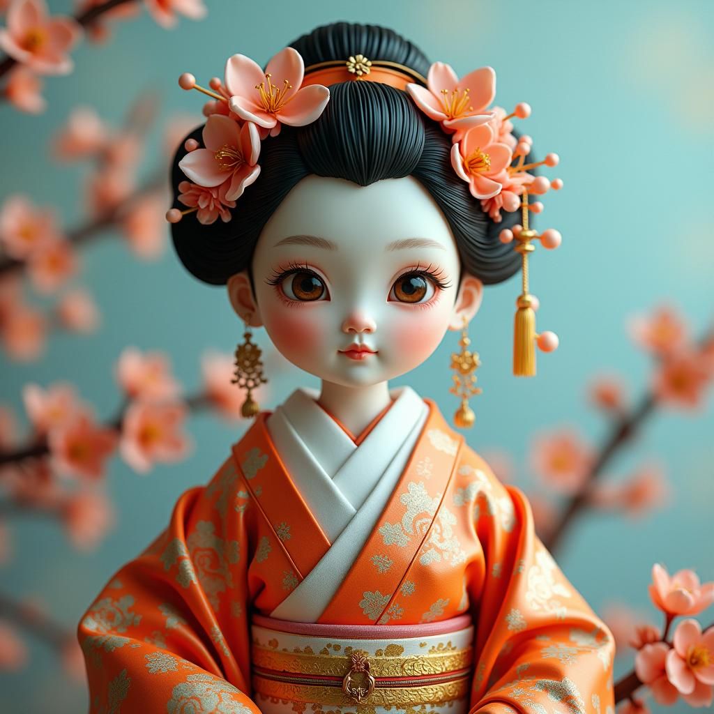 Ornate Japan Doll with Cherry Blossoms in Matte Painting