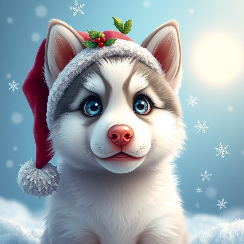 Whimsical Husky Puppy in Winter Wonderland