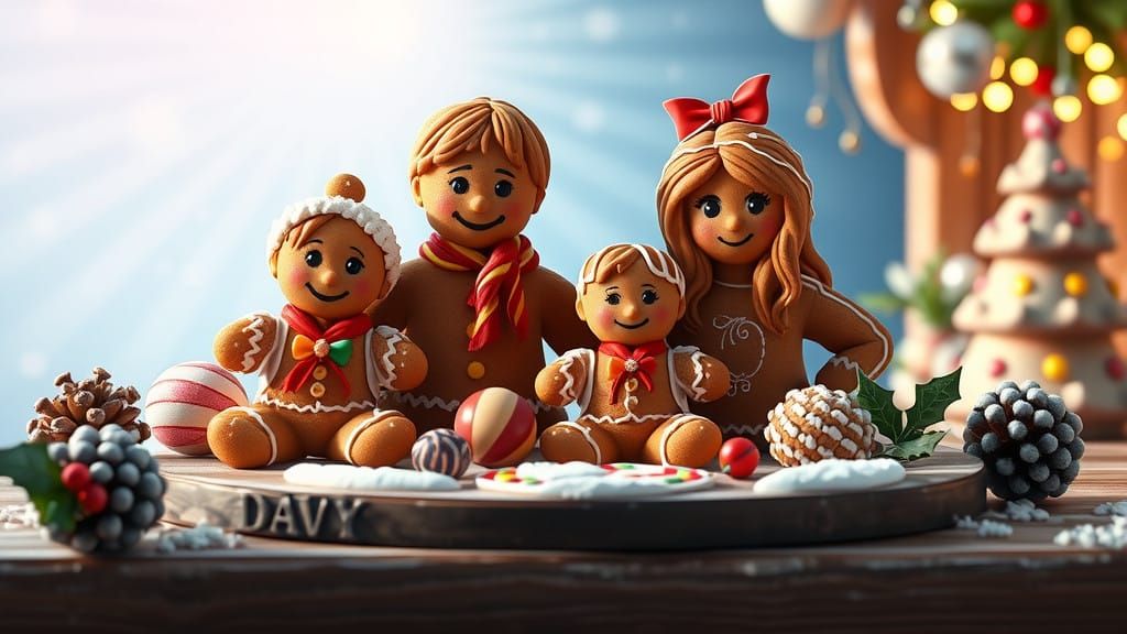 Vibrant Gingerbread Family in Winter Wonderland Scene