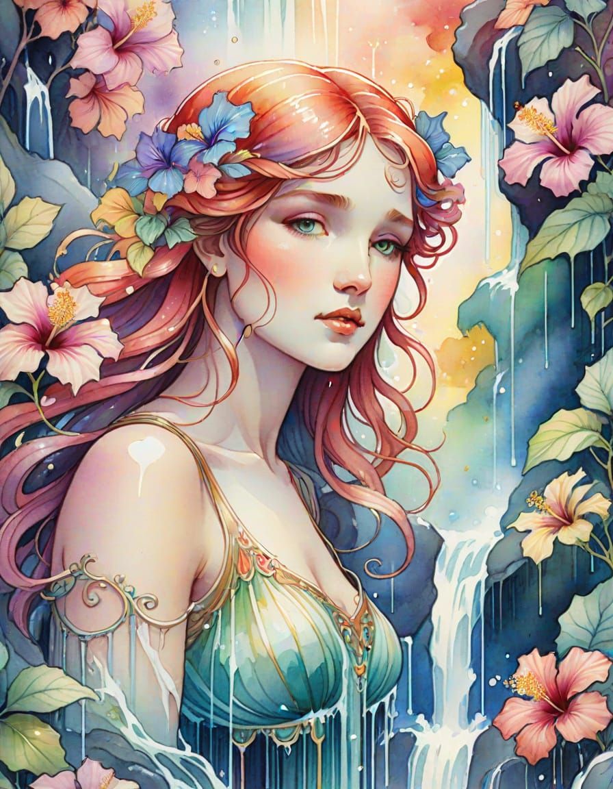 Goddess Emerges from Waterfall in Art Nouveau Style