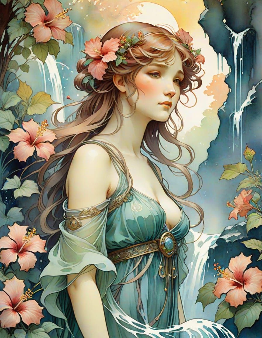 Waterfall Goddess in Watercolor Art Nouveau Style